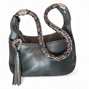 Brighton Barbados Ziptop Hobo Shoulder Bag Black Pebbled Leather Tan Lining